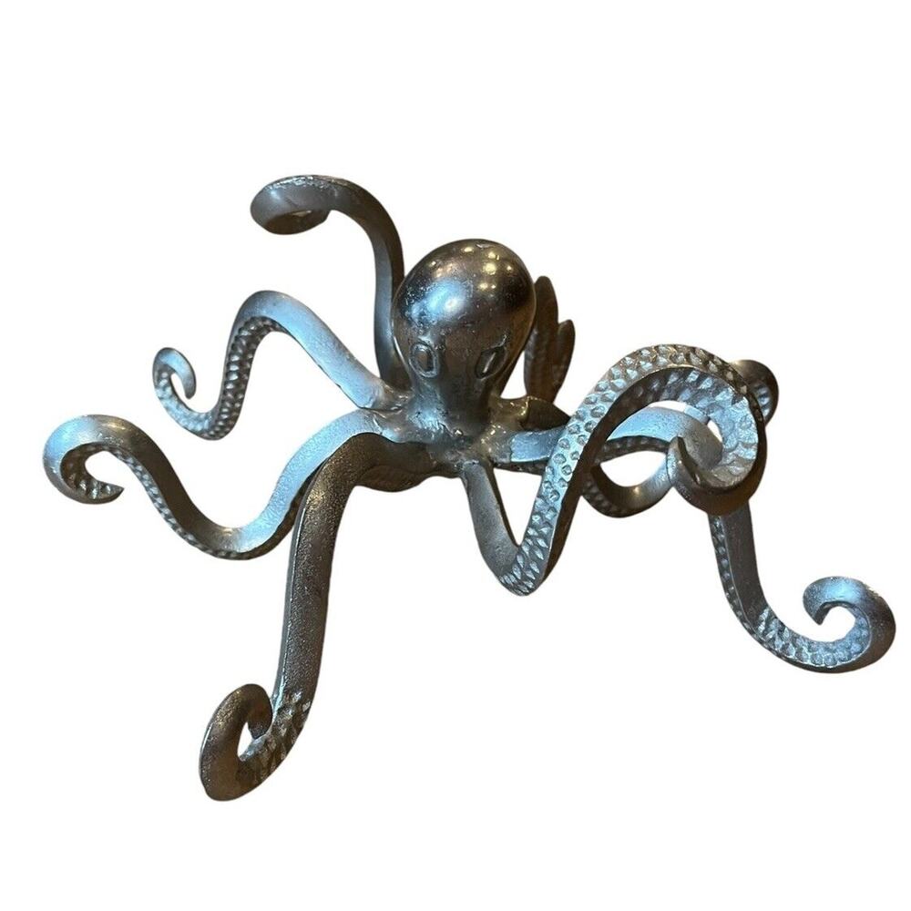 Octopus Pewter Finish Shelf Decor Coastal Nautical Ocean Statue Iron Metal 12”